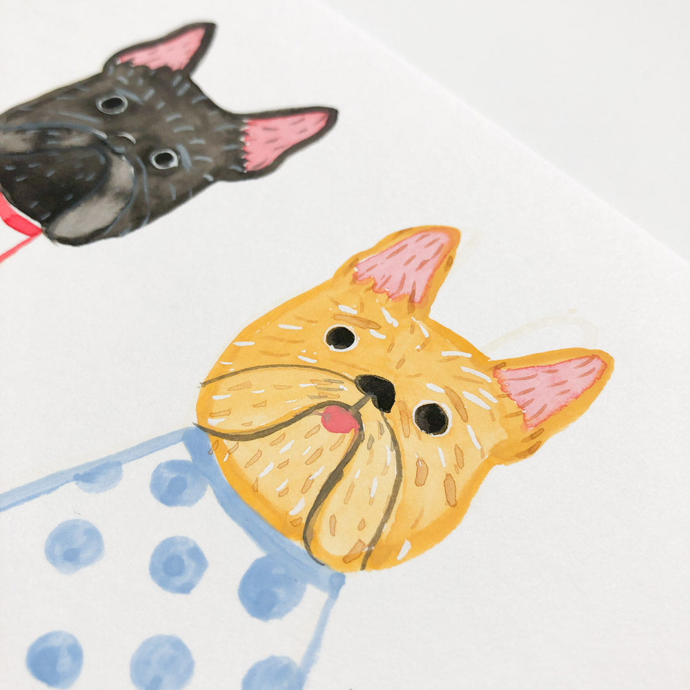 Watercolor painting of two French Bulldogs in sweaters, one black and one yellow. The yellow dog wears a blue polka dot sweater. Close-up view of their faces with expressive eyes and pink ears. Charming and whimsical art style.