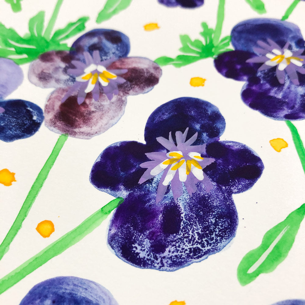 Original watercolor painting of vibrant Johnny Jump Up violets in shades of purple and blue with green stems and yellow details on white background, showcasing delicate floral artistry in a 5.5"x7" format