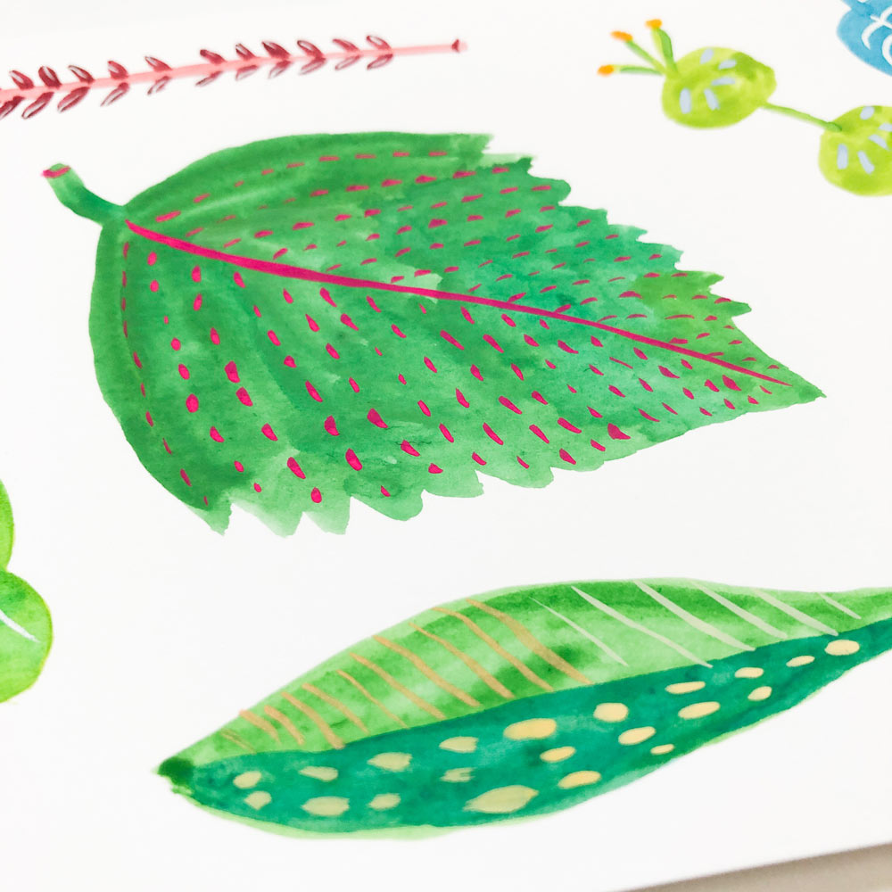 Vibrant watercolor and gouache painting of leaves, featuring a detailed green leaf with pink veins and spots, surrounded by abstract leaf shapes in various shades of green and blue on white paper