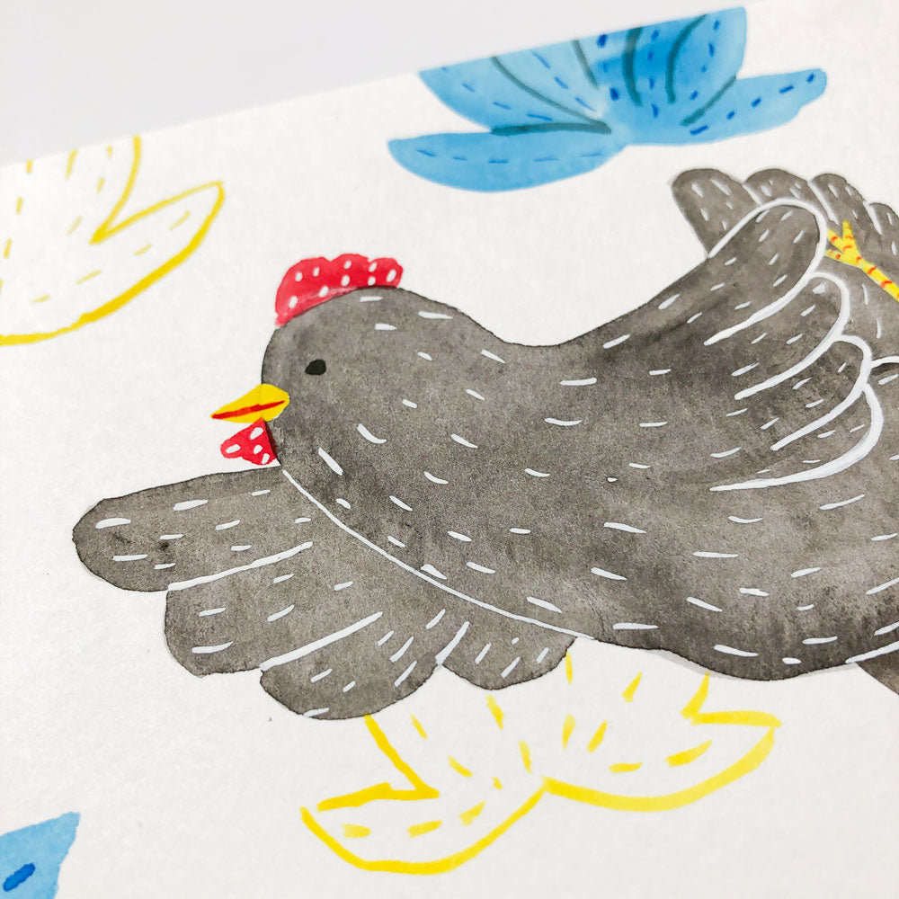 Original watercolor painting of a gray chicken with a red comb, surrounded by stylized yellow and blue floral elements on white background, showcasing whimsical folk art style and delicate brushwork