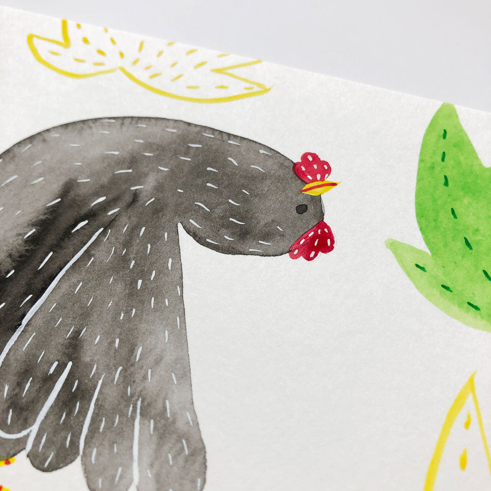 Whimsical watercolor painting of a gray chicken with red comb, surrounded by stylized yellow and green leaf shapes on white background, showcasing a charming and playful artistic style