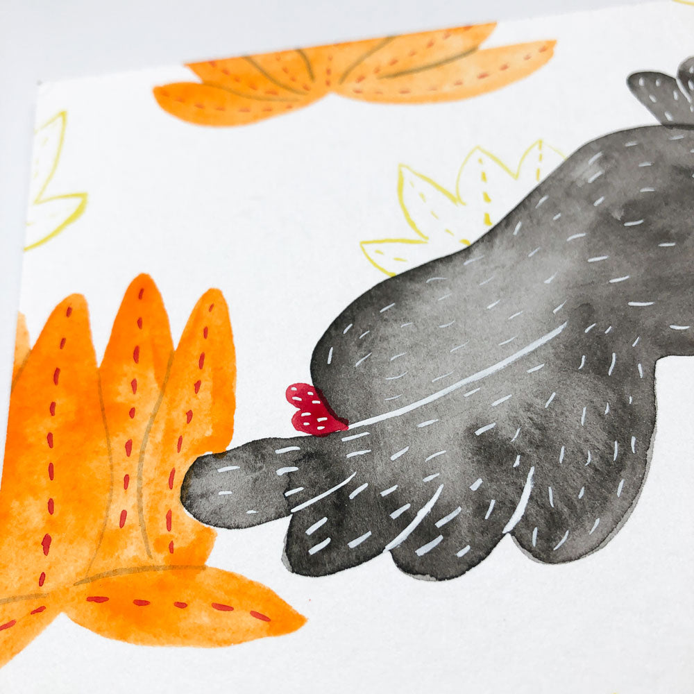 Whimsical watercolor painting of a stylized gray animal, possibly a mouse or rabbit, with orange floral elements and abstract shapes, on white background. Original artwork capturing childlike charm and playful imagination.