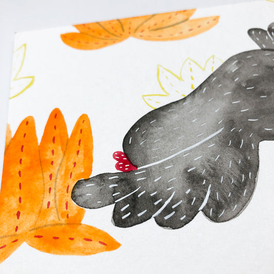 Whimsical watercolor painting of a stylized gray animal, possibly a mouse or rabbit, with orange floral elements and abstract shapes, on white background. Original artwork capturing childlike charm and playful imagination.