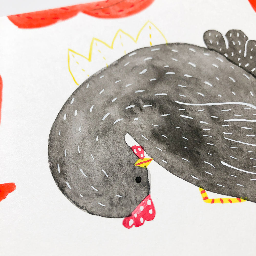 Original watercolor painting of a stylized gray rabbit in a curled pose, with yellow crown-like details, red accents, and dotted texture on white background. Whimsical and charming artwork for "Lucy in Rabbit Pose" product.