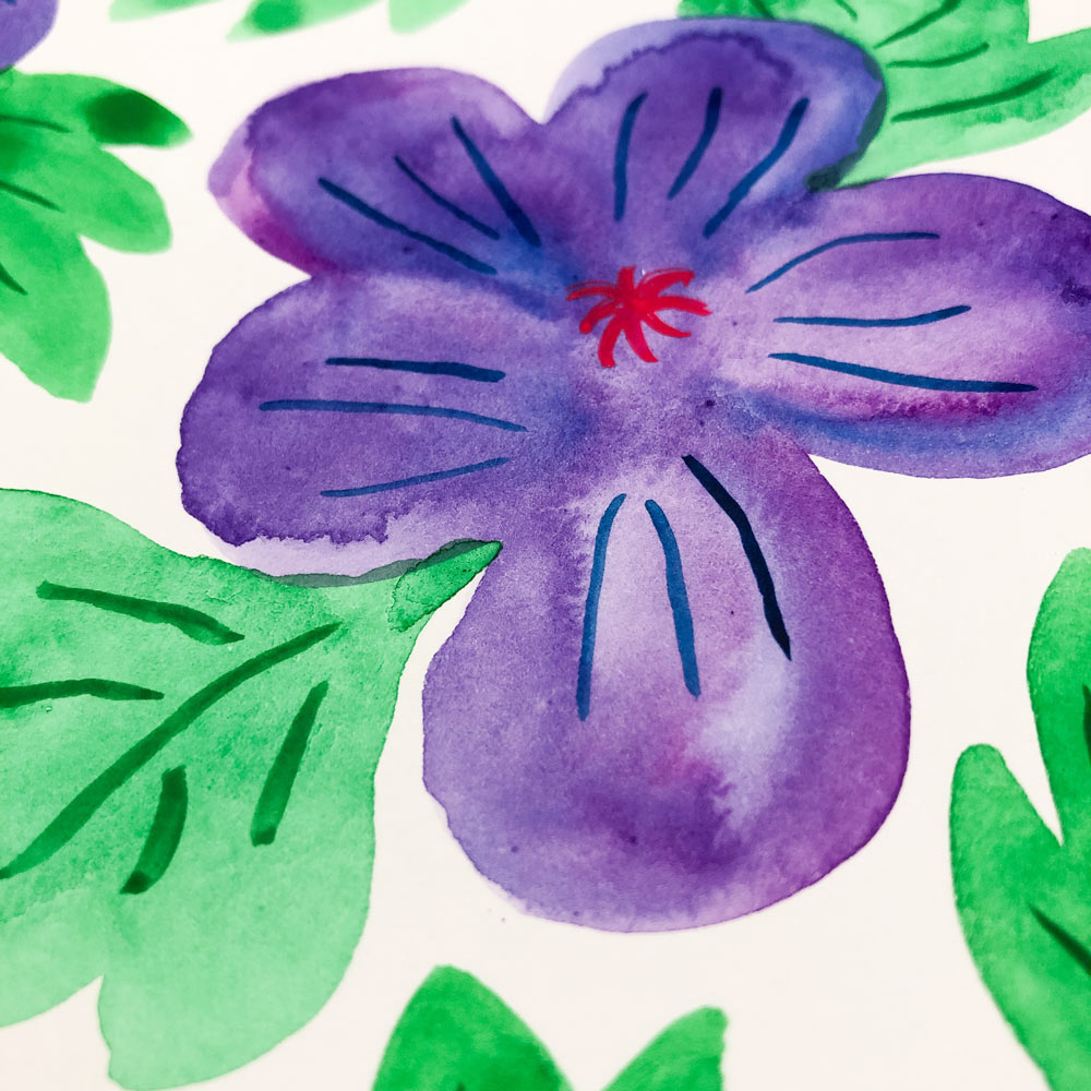 Original watercolor painting of a vibrant purple flower with a red center, surrounded by green leaves on white background. Delicate brushstrokes showcase the artist's skill in creating a beautiful floral composition.
