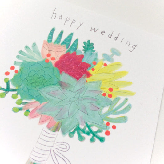 Colorful succulent bouquet wedding card with hand-drawn flowers, leaves, and text 'happy wedding' in soft pastel colors, tied with a ribbon, on white background