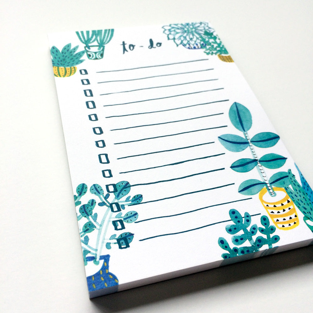 Succulent-themed to-do list notepad with watercolor illustrations of blue and teal plants, featuring lined spaces for tasks and checkboxes, perfect for organizing daily activities and goals
