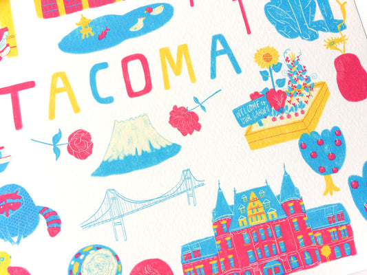 Colorful illustration showcasing Tacoma landmarks and icons, including the Narrows Bridge, Stadium High School, Mount Rainier, and various symbols representing local attractions, on a light background with "TACOMA" in bold letters.