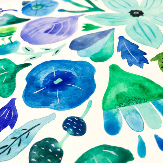 Original watercolor and gouache painting featuring vibrant blue and green floral elements on white paper. Abstract flowers, leaves, and organic shapes in various shades of blue, green, and purple create a lively, botanical composition.