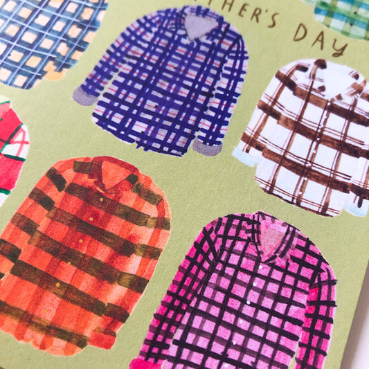 Colorful illustration of various plaid and checkered flannel shirts on a green background, with "Father's Day" text visible, perfect for a unique and thoughtful greeting card