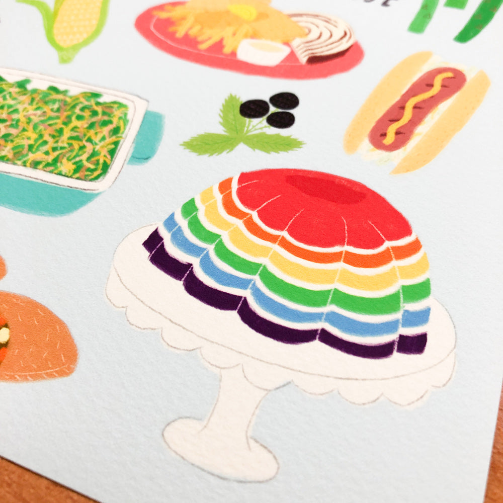 Colorful illustration of Midwest foods including rainbow Jell-O, hotdog, casserole, and other regional dishes on a light background, showcasing the unique culinary culture of the American Midwest
