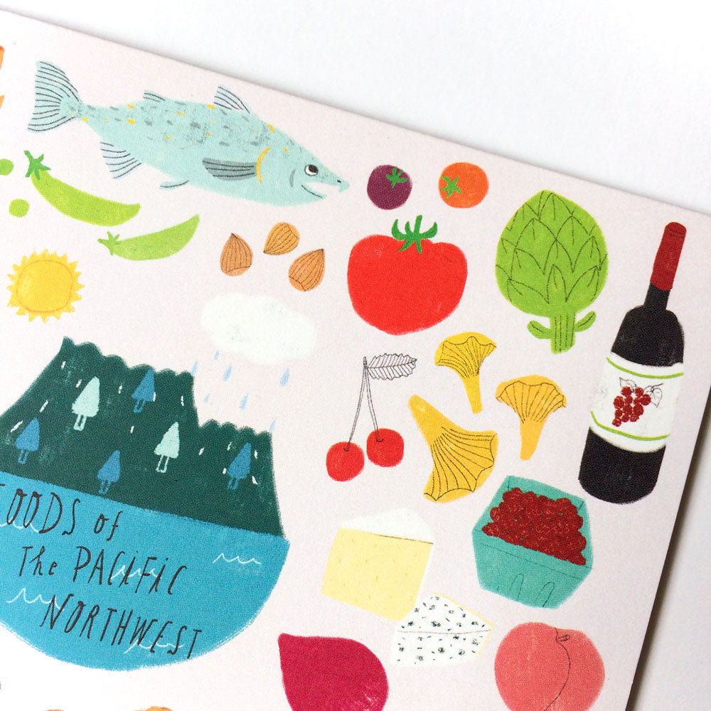 Colorful illustrated card featuring various foods and ingredients from the Pacific Northwest, including fish, vegetables, fruits, wine, and landscape elements representing the region's culinary diversity and natural beauty