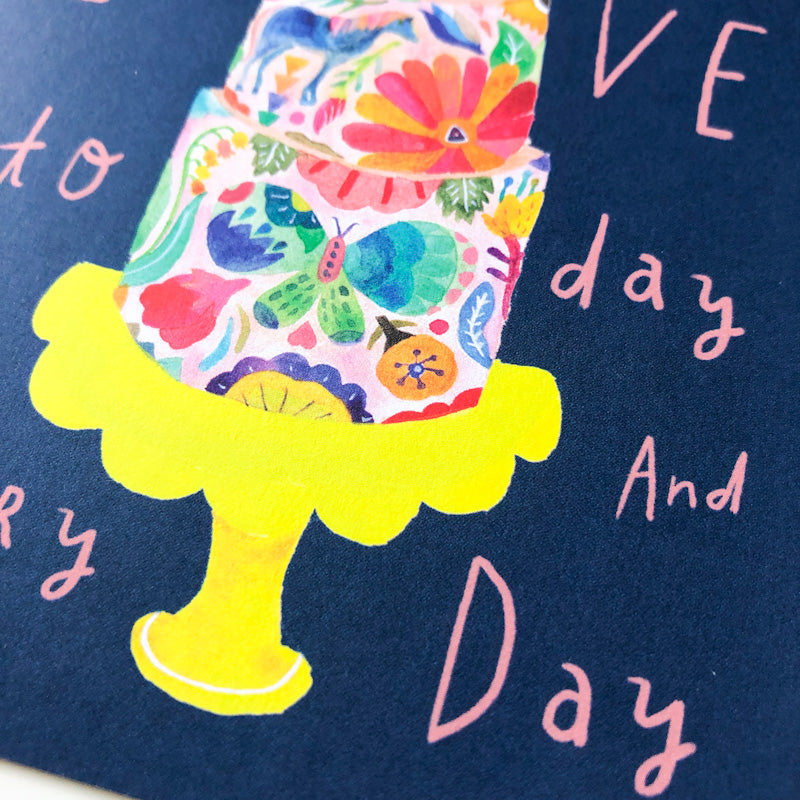 Colorful floral wedding cake illustration on greeting card with vibrant yellow cake stand against dark background, featuring pink text "Love to day And Day
