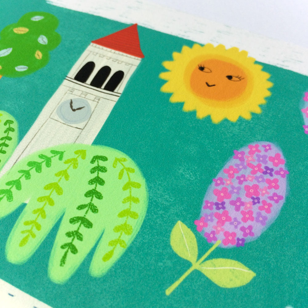 Colorful illustration featuring Spokane landmarks: clock tower, smiling sun, green trees, and pink flowers on teal background. Whimsical art print capturing city's charm and natural beauty.