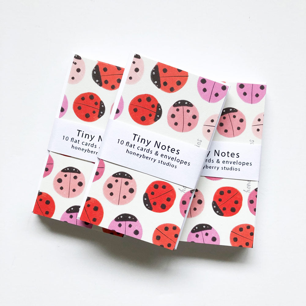 Three stacks of small note cards with colorful ladybug patterns in red and pink on white background. Each stack is wrapped with a label reading "Tiny Notes" and product details.