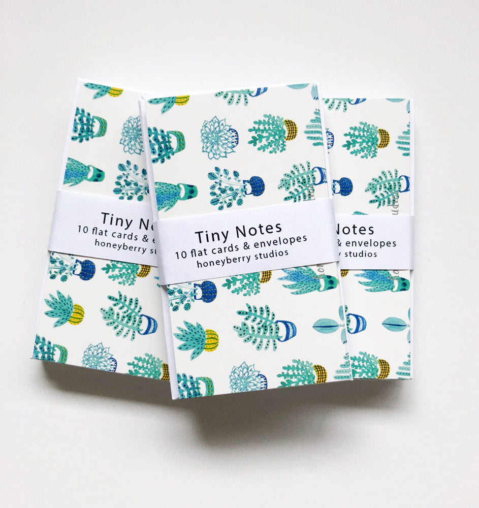 Three packs of Tiny Notes with succulent pattern, each containing 10 flat cards and envelopes, displayed on a white background. The cards feature teal and blue potted succulent illustrations.