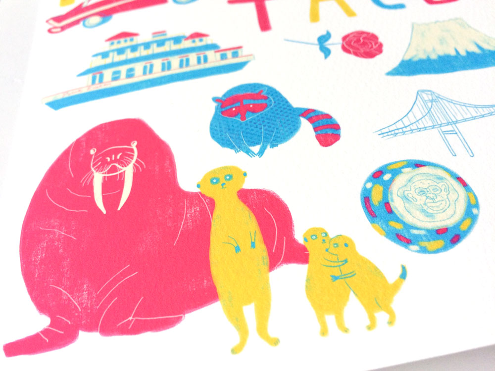Colorful illustrated art print featuring Tacoma landmarks and icons including a walrus, meerkats, bridge, building, and boat in vibrant pink, yellow, and blue hues, capturing the city's eclectic and quirky charm