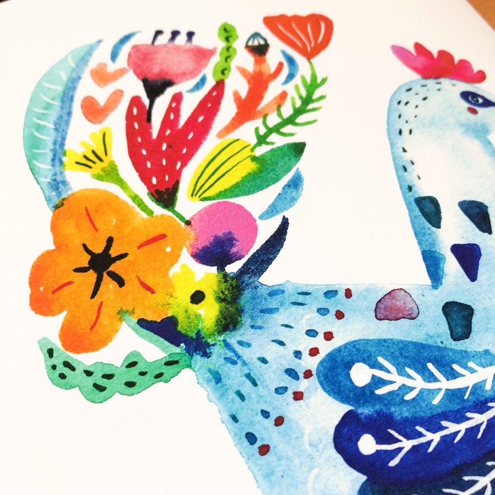 Vibrant watercolor rooster silhouette filled with colorful abstract floral and leaf shapes, featuring bright blues, oranges, reds, and greens on white background