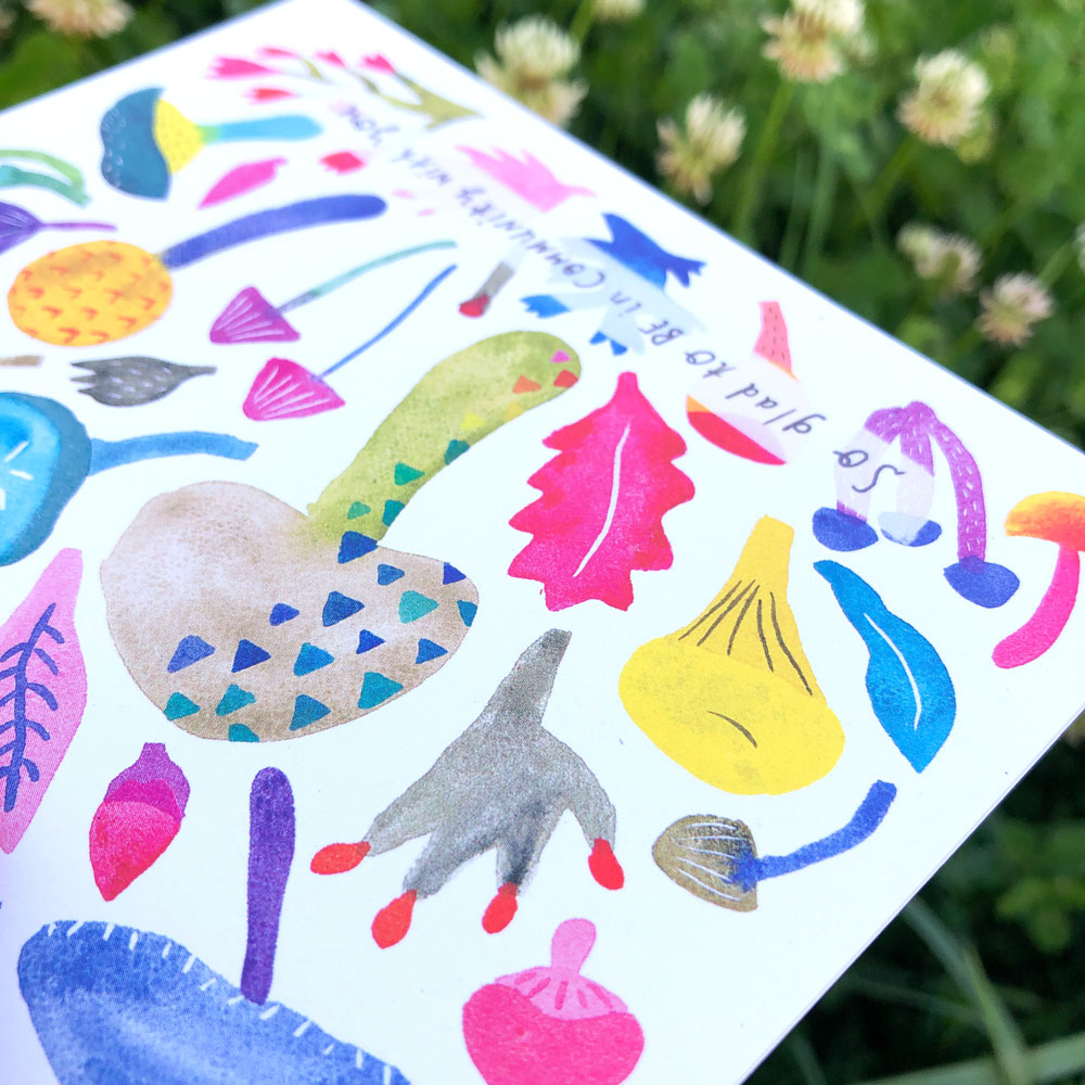 Colorful watercolor greeting card featuring abstract mushroom shapes, leaves, and nature-inspired elements against a green floral background, showcasing a whimsical community-themed design