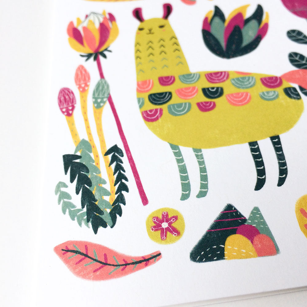 Colorful botanical illustration featuring a stylized yellow llama with floral patterns, surrounded by vibrant flowers, leaves, and geometric shapes on a white background, perfect for a decorative greeting card