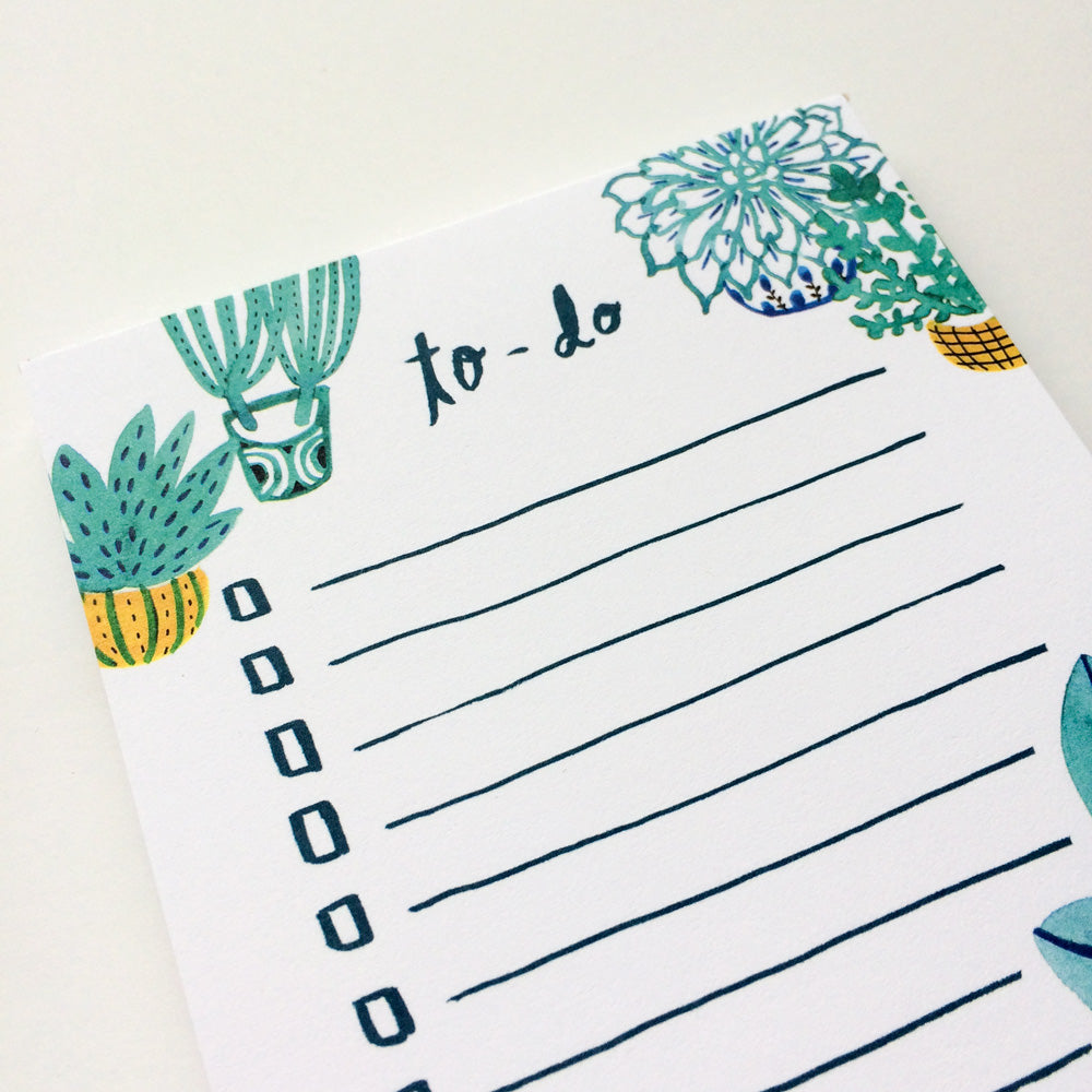 Stylish to-do list notepad with watercolor succulent illustrations in blue and green hues, featuring handwritten "to-do" text and blank lines for tasks