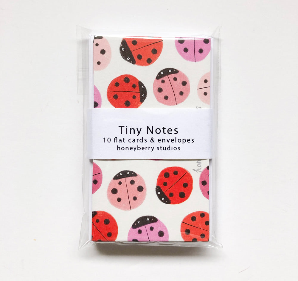 Set of 10 tiny note cards with colorful ladybug pattern in red, pink, and black, packaged in clear sleeve with white label displaying "Tiny Notes" and brand information