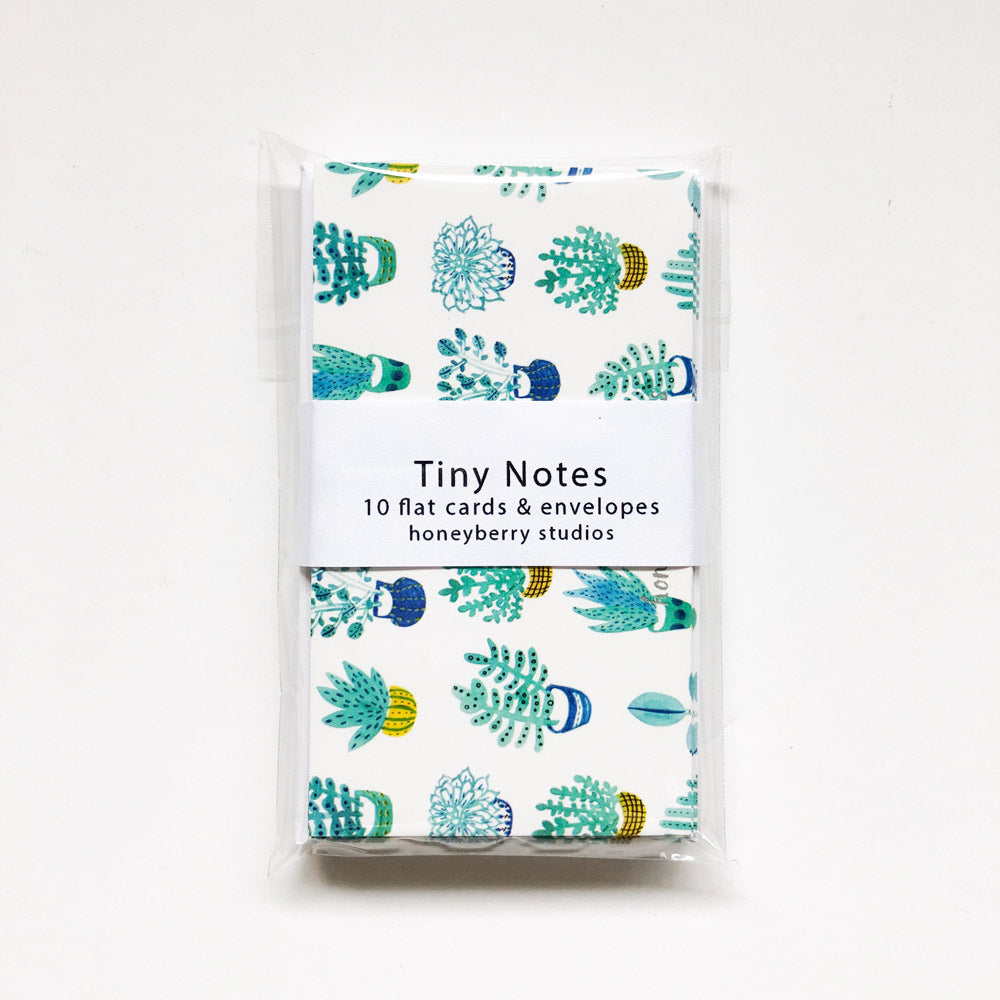 Set of 10 tiny note cards with envelopes featuring colorful succulent plant illustrations, packaged with a white band labeled "Tiny Notes" by Honeyberry Studios