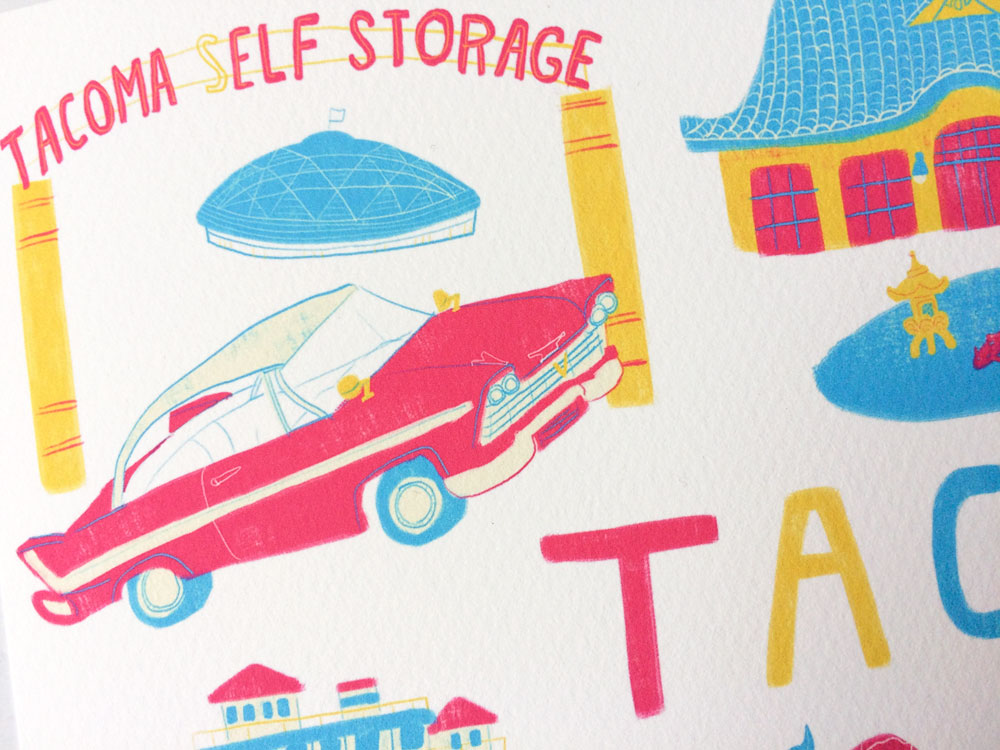 Colorful illustration featuring Tacoma landmarks including the Tacoma Dome, a vintage car, and the iconic "Tacoma Self Storage" sign with playful typography and vibrant colors representing the city's eclectic and quirky charm