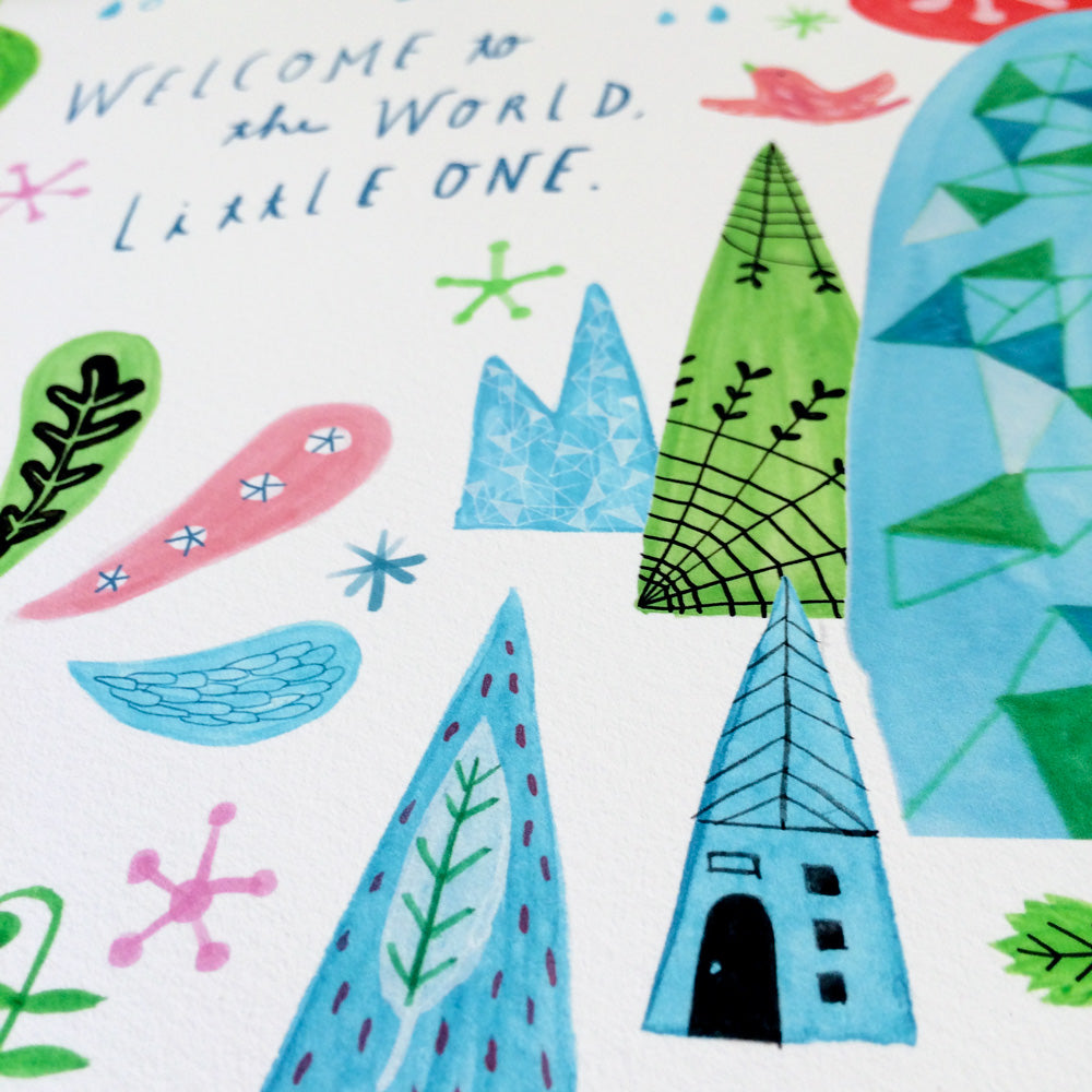 Whimsical watercolor illustration featuring colorful abstract trees, shapes, and text "Welcome to the World Little One" for nursery art print