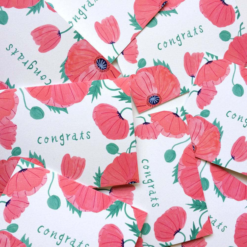 Watercolor pattern of pink poppies and green leaves on white background with "Congrats" text, showcasing a cheerful and floral congratulations card design for summer weddings or special occasions