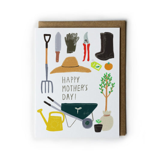 Mother's Day card featuring gardening tools and accessories, including a sun hat, gloves, pruning shears, boots, watering can, wheelbarrow, and a small tree. The card reads "Happy Mother's Day!" surrounded by colorful illustrations on a white background with a kraft envelope.