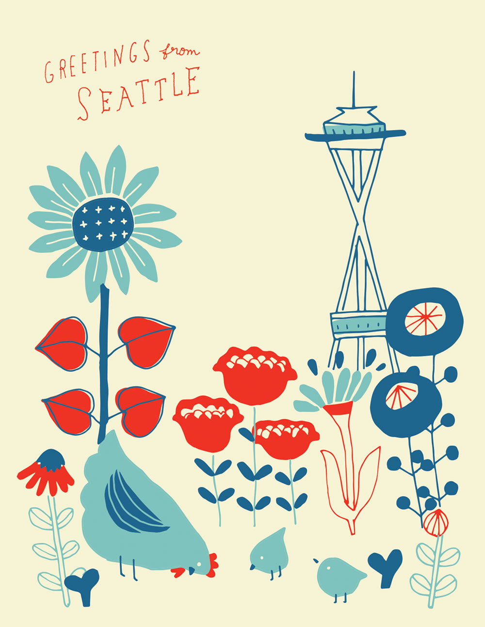 Vintage-style illustration of Seattle featuring Space Needle, stylized flowers, and chickens in garden. Red text reads "Greetings from Seattle" on pale yellow background.