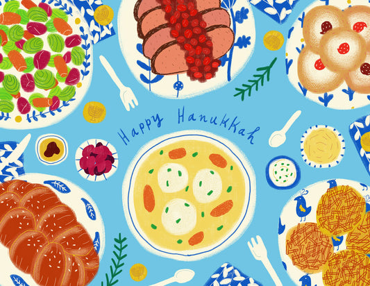 Colorful illustration of traditional Hanukkah foods on a blue background, including matzo ball soup, challah bread, latkes, and various side dishes. Text reads "Happy Hanukkah" in the center, surrounded by decorative elements and utensils.