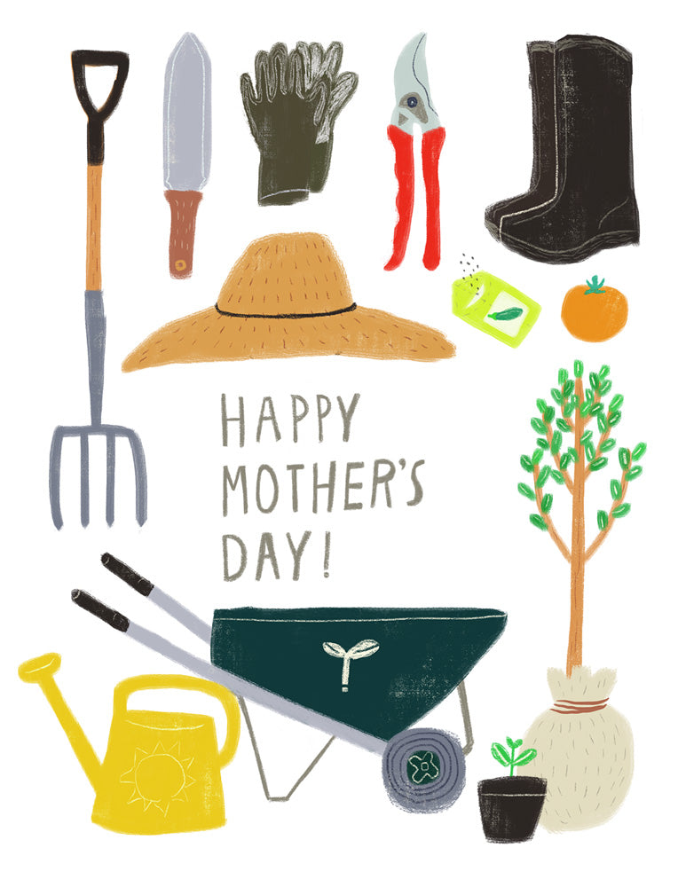 Illustrated Mother's Day card featuring various gardening tools and items including a pitchfork, trowel, gloves, pruning shears, boots, straw hat, wheelbarrow, watering can, seed packets, and potted plants, with "Happy Mother's Day!" text in the center