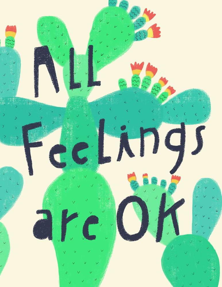 Colorful illustration of cactus shapes with text "All Feelings are OK" written in playful handwritten style, featuring green cacti with red and orange flower accents on a light background
