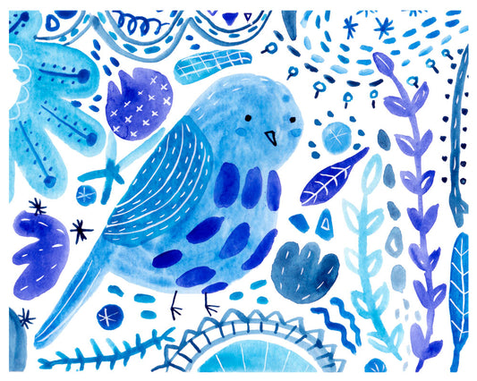 Watercolor illustration of a whimsical blue bird surrounded by floral and abstract elements in shades of blue, featuring hearts, leaves, and geometric shapes, creating a cheerful and artistic design for the Bluebird of Happiness Notecard