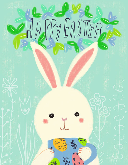 Cute Easter bunny holding colorful mug beneath 'Happy Easter' text surrounded by green and blue leaves, on mint background with hand-drawn flowers