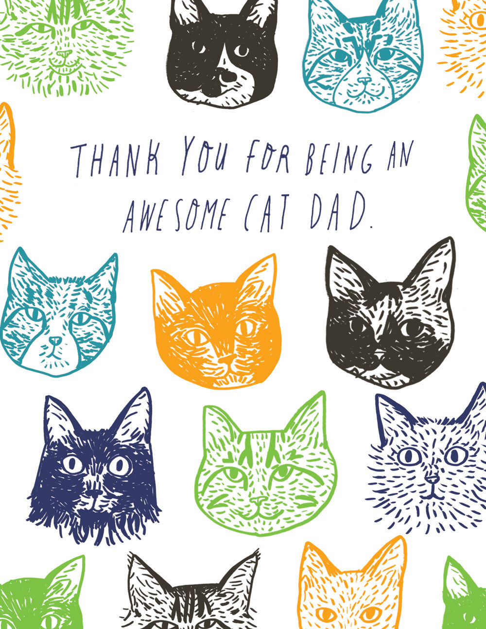 Father's Day card featuring colorful hand-drawn cat faces surrounding text "Thank you for being an awesome cat dad" in blue handwriting, perfect for celebrating feline-loving fathers