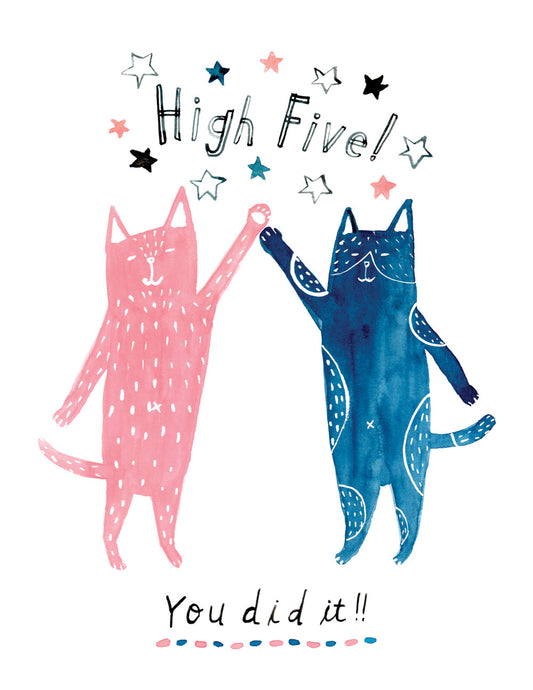 Watercolor illustration of pink and navy blue cats giving a high five, surrounded by stars, with "High Five!" and "You did it!" text in whimsical lettering, perfect for congratulations card
