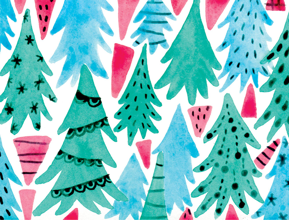 Whimsical watercolor illustration of a festive winter forest with stylized pine trees in shades of green, blue, and pink, creating a playful and modern holiday design