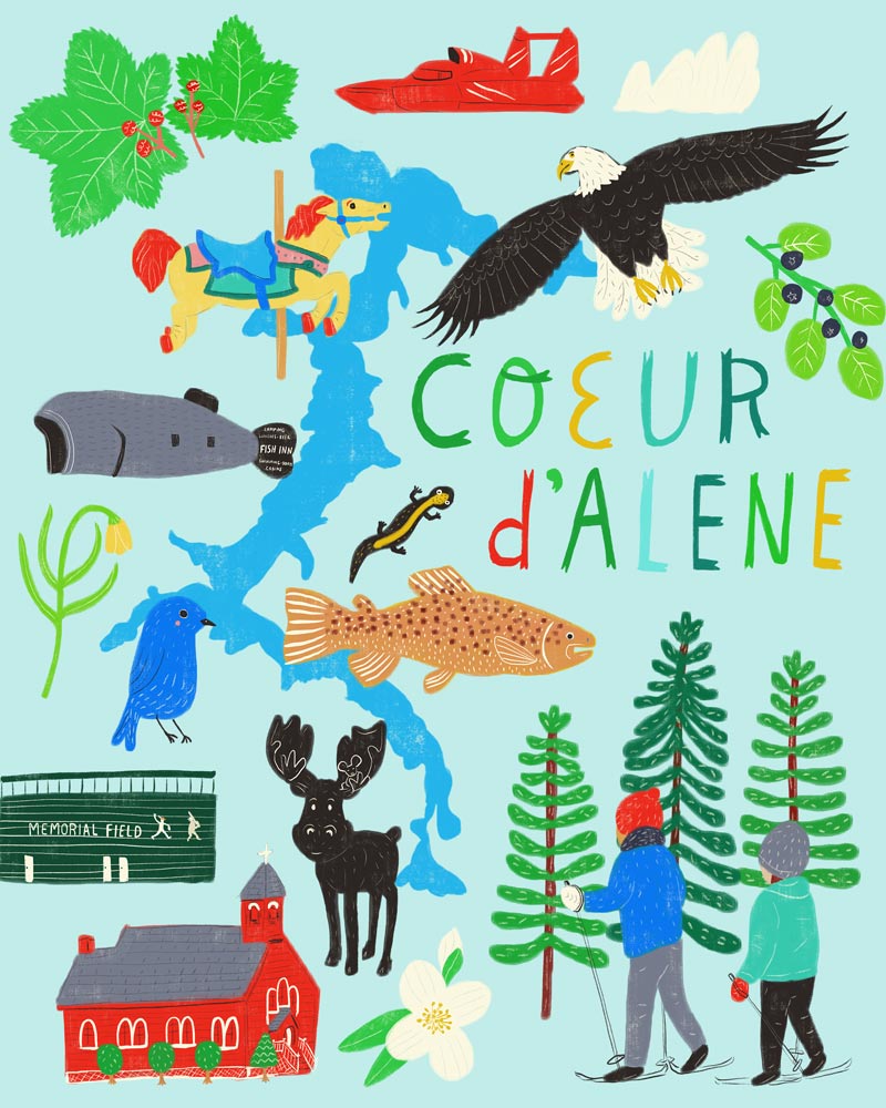 Colorful illustration depicting Coeur d'Alene landmarks and wildlife, including a lake, eagle, fish, moose, trees, boats, and hikers, with hand-lettered text "COEUR d'ALENE" in the center