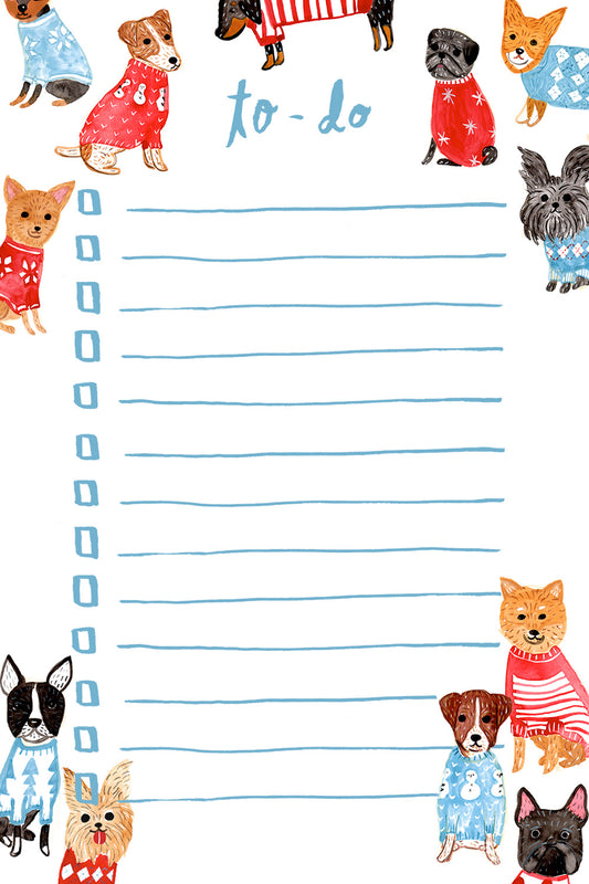 Colorful to-do list featuring cute illustrated dogs in sweaters, with blue lines for tasks and checkboxes, perfect for dog lovers and organized planning