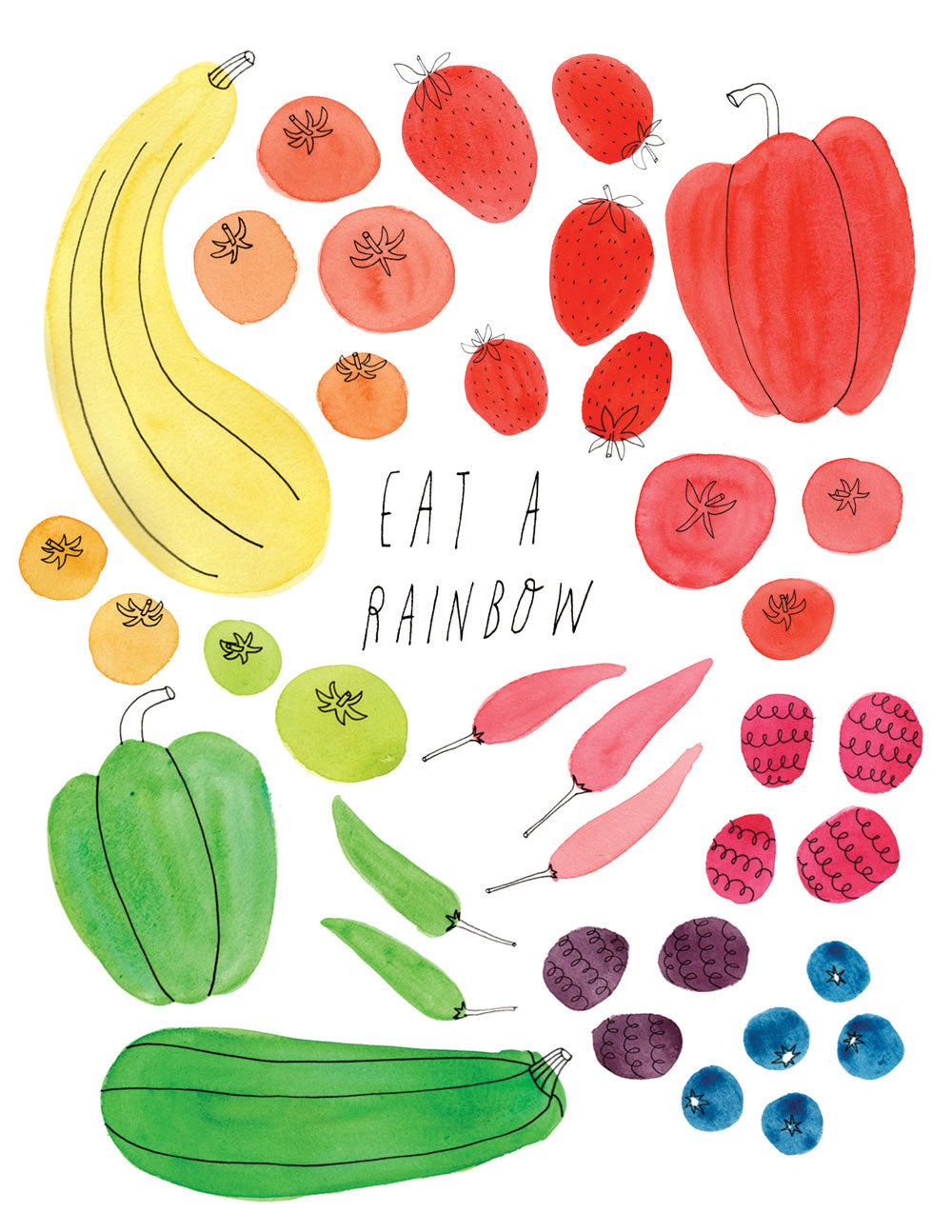 Colorful watercolor illustration of various fruits and vegetables arranged in a rainbow pattern, with the text "EAT A RAINBOW" in the center, showcasing a diverse and healthy diet.