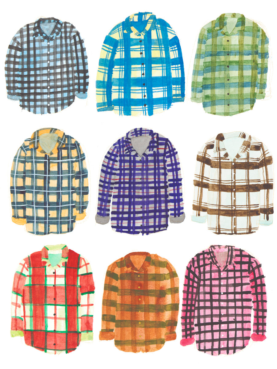 Original watercolor painting of nine diverse flannel shirts in various plaid patterns and colors, arranged in a 3x3 grid, showcasing different styles and designs of classic casual wear