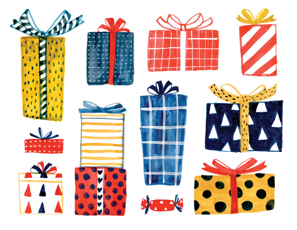 Colorful watercolor illustration of various gift boxes with different patterns and bows, perfect for Honeyberry Studios gift card promotion
