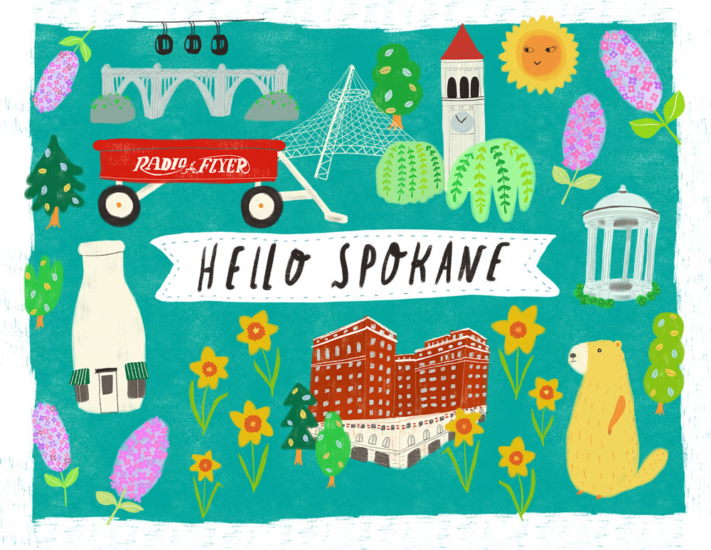 Colorful illustration featuring Spokane landmarks and icons including Monroe Bridge, Big Red Wagon, Clocktower, Davenport Hotel, Milk Bottle, and marmot, with "Hello Spokane" text banner on teal background, showcasing city's unique charm and attractions