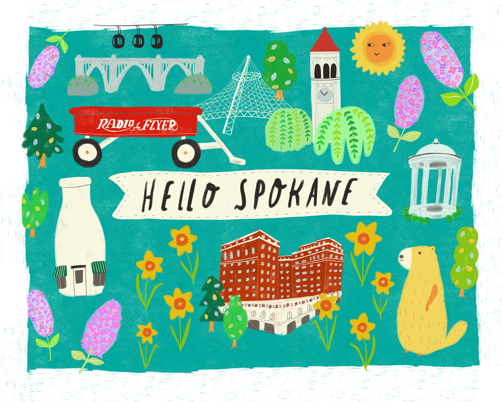 Colorful illustrated collage featuring Spokane landmarks and icons including Monroe Bridge, Radio Flyer wagon, clocktower, Davenport Hotel, milk bottle, and marmot, with "Hello Spokane" banner on teal background. Cheerful design with flowers and sun.