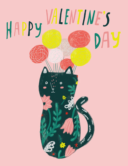 Whimsical Valentine's Day card featuring a cat-shaped vase decorated with floral patterns, holding colorful round flowers, against a pink background with "Happy Valentine's Day" text in vibrant lettering