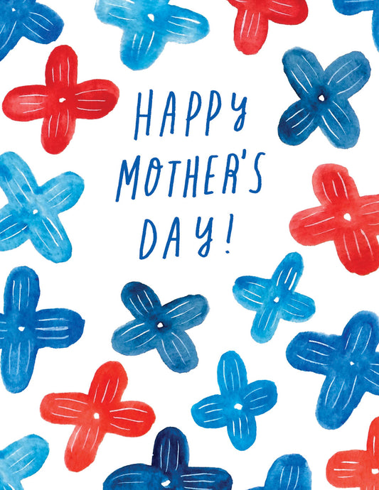 Blue Lilac Mother's Day Card featuring watercolor flowers in blue and red on white background with Happy Mother's Day text in blue handwritten style