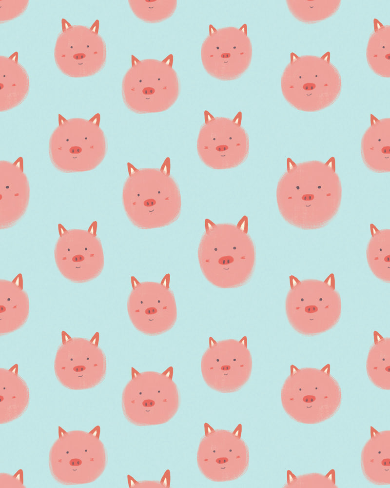 Cute pink pig faces pattern on light blue background, giclee art print for home decor, featuring happy little piggies in a repeating design, available as wall art, greeting cards, and wrapping paper